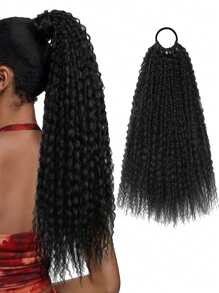 Coleta larga rizada de 20 pulgadas, coleta larga rizada resistente al calor de color negro que se puede alargar con coletero, para todas las mujeres y niñas
