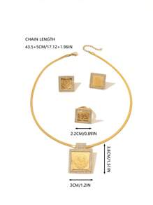 1 Set de joyas de lujo vintage de aleación de cobre chapada en oro con cristales incrustados en forma cuadrada, incluyendo pendientes, anillo y collar, adecuado para uso diario de mujeres y como regalo para vacaciones - Amarillo Oro - Ver 3