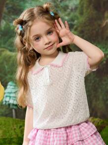 Girl's Polo Collar Short Sleeve Hollow Heart Knitted T-Shirt - Beige - View 4