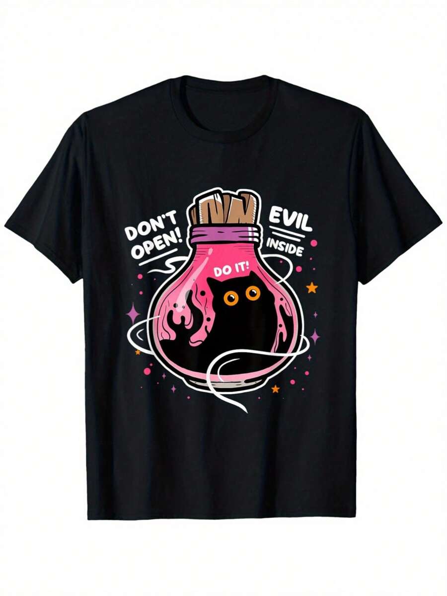 Funny Don't Open Evil Inside Black Cat Kitten T-Shirt, 100% Cotton, Gift For Men Dad Mom Friends, S-XXXL, Black - Black - View 1