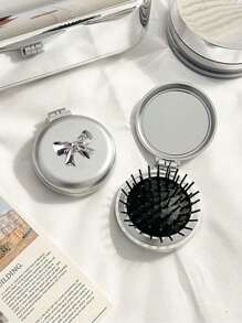 Featuring A Silver Bow Decoration 2-In-1 Foldable Comb & Makeup Mirror – Portable,Exquisite Bow Decoration, Tabletop, Contemporary Beauty Tool For Travel,Folding Comb With Makeup Mirror, Easy To Carry, Perfect For Travel Outgoing Use