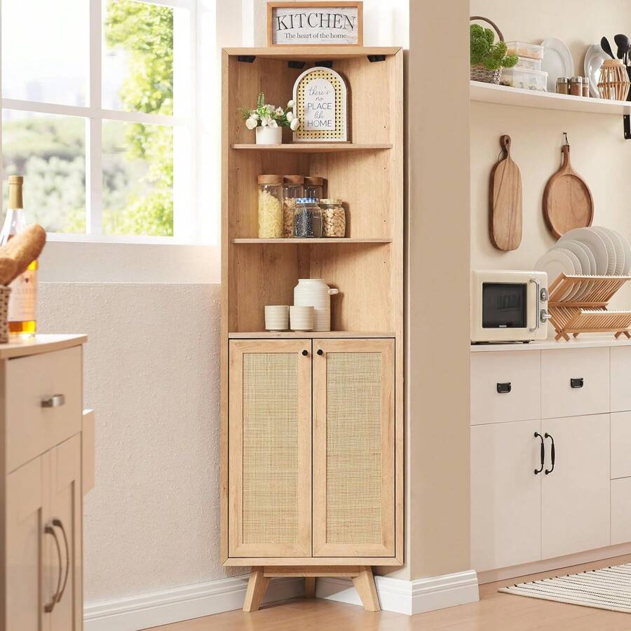 Natural Rattan Corner Cabinet - 68" Tall Modern Boho Corner Bathroom Storage Cabinet With Doors & Adjustable Shelves, Space Saver For Kitchen, Dining Room, Living Room Bathroom Storage