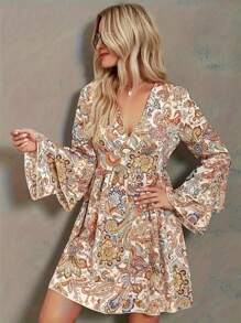 Floral Print Boho Dress, Elegant V-Neck Short Dress, Suitable For Spring/Summer, Women's Wear