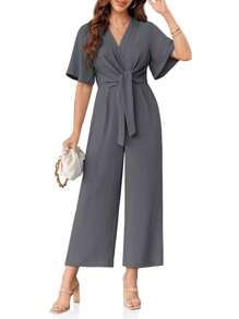 Larisa Womens Wide Leg Jumpsuit Short Sleeve Tie Knot Front Summer Long Romper Stylish Outfit - Dark Grey - View 2