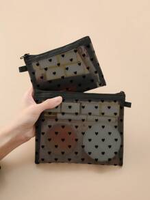 1 pieza Bolsa de maquillaje de malla con estampado de corazón para viajes, organizador portátil de brochas de maquillaje y estuche para guardar lápices labiales para mujeres (negro) para bolsa de almacenamiento de viaje, bolsa de maquillaje, estuche de cosméticos, organizador de vacaciones, organizador de maquillaje de gran capacidad, estuche de maquillaje, para lápices labiales, brochas, cuidado de la piel, teléfono móvil, monedas, artículos pequeños, para uso en el hogar, regalo, vacaciones y festivales de Halloween y Navidad, uso multifuncional, vibraciones bohemias, para vacaciones en la playa, colección de baño, colección de dormitorio, gran capacidad