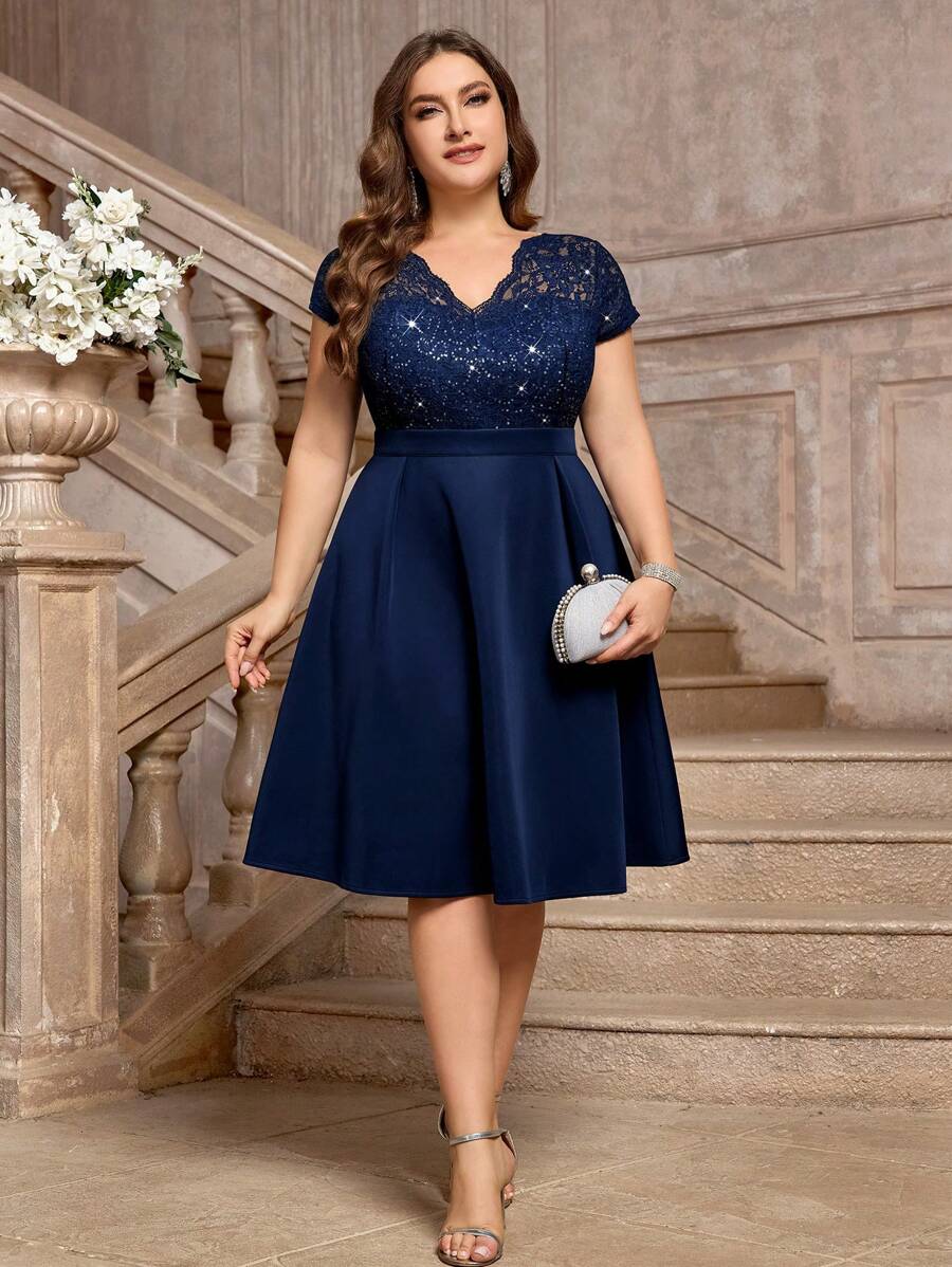 Plus Elegant V-Neck Contrast Sequin Floral Lace Prom Cocktail Party Swing Dress, Wedding Guest Dress, For Birthday, Graduation, Homecoming - Navy Blue - View 1