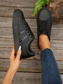 1 Pair Unisex Casual Lace-Up PU Leather Thick Sole Non-Slip Soft Bottom Comfortable Sneakers, Suitable For All Seasons
