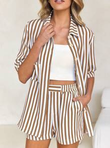 Vaiaye 女士休闲条纹衬衫短裤两件套，短袖上衣搭配短裤，适合日常穿着，优雅女士套装