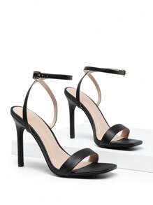Women Solid Color High Heeled Sandals Open Square Toe Ankle Strap High Stilettos Fashion Wedding Party Club Dance Pumps Sandals - Black - View 2