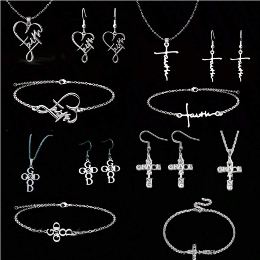 4 件不锈钢“Amazing Grace”手链、项链、耳环首饰套装，Faith English 钛钢优雅配饰 - 4件套 - 查看 1