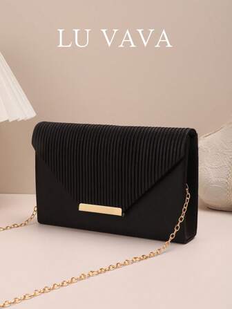 Black Flap Envelope Bag Glamorous Pleated Detail Chain Glitter, Fashionable Clutch Bags For Woman