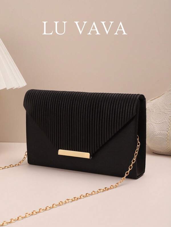Black Flap Envelope Bag Glamorous Pleated Detail Chain Glitter, Fashionable Clutch Bags For Woman