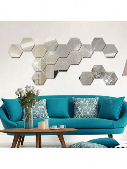 12/24 件 3D 六边形镜面墙贴亚克力几何艺术瓷砖 DIY 自粘贴花替换家居客厅装饰家居装饰