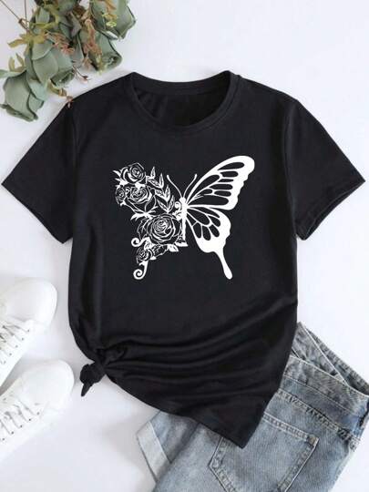 Camiseta de manga corta con cuello redondo y estampado de mariposas para mujer