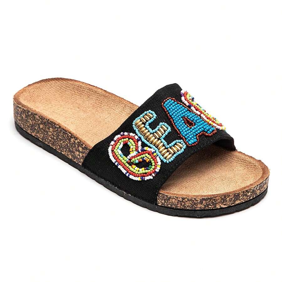 Platform Sandal With Decorative Pearl Embroidery Strap