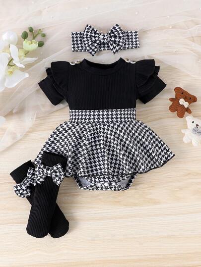 1pc Baby Girls' Cute & Comfy Short Sleeve Patchwork Bodysuit + Sock Set + Headband, Lightweight Summer Outfit