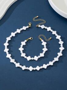 1 Set Fashion Faux Pearl Clover Bracelet & Necklace Set