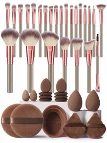 42件套化妆海绵粉扑和化妆刷套装，包括散粉刷、腮红刷、修容刷、粉底刷、鼻影刷、眼影刷、眉刷、唇刷、细节刷、化妆海绵、三角粉扑、化妆刷清洁碗、化妆海绵、指套粉扑、迷你细节化妆海绵、圆形粉扑 - 彩色 - 查看 1