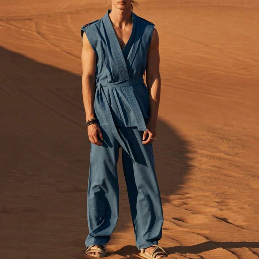 Men's Summer Sleeveless Cardigan Strap Cardigan With Casual Trousers Two-Piece Set