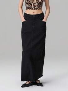 Women's Mid Waist Denim Skirt Solid Color Long A-Line Skirt With Pockets - 黑色 - 查看 2