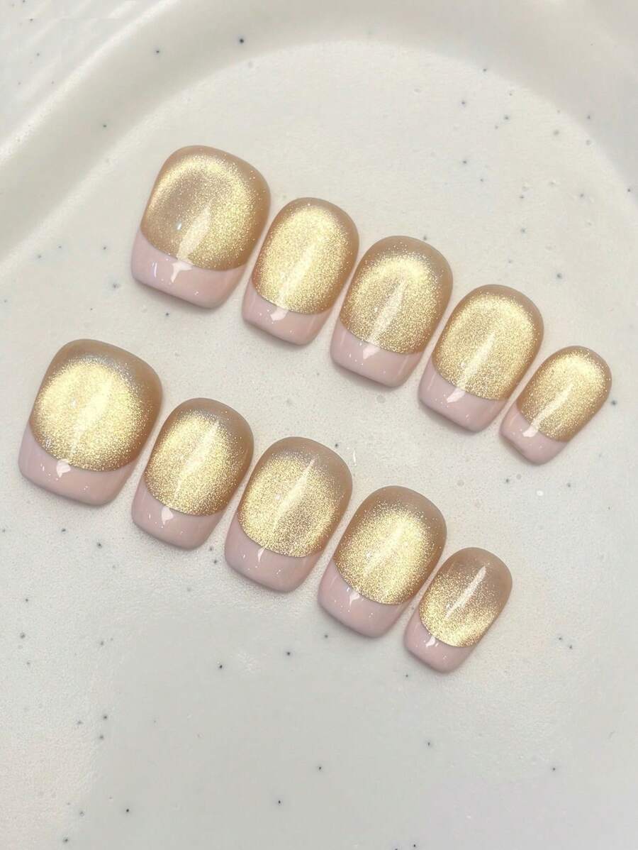 10pcs Pure Handmade Nail Art Short Oval Nail Art French Nails, Pink Blue Cat Eye Cute Cartoon Elegant Luxury Simple Nail Art, Valentine's Day Nails, Cute Sweet Nails Press-On False Nails, Daily Nail Art Holiday Nail Art