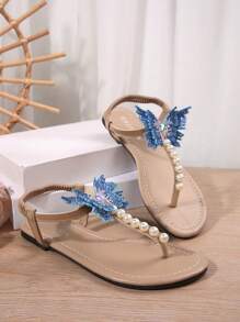 Women's Brown Fashion Casual Round Toe Pearl Butterfly Flat Sandals