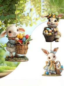 3 piezas Conejo de Pascua 2D de acrílico con huevos colgantes, para llavero, espejo retrovisor del coche, mochila, accesorio para colgar en manijas de puertas, decoraciones primaverales para el hogar y el jardín
