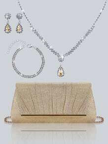 Shiny And Elegant Pleated Women's Evening Bag With Charming Rhinestone Pendant Necklace, Bracelet, Earrings, Gorgeous And Exquisite Party Clutch, Perfect Purse For Party Girls, Brides, College Students, Shoulder Crossbody Bag With Detachable Metal Chain, Perfect For Prom, Banquet, Party, Wedding, Holiday Party, Best Gift