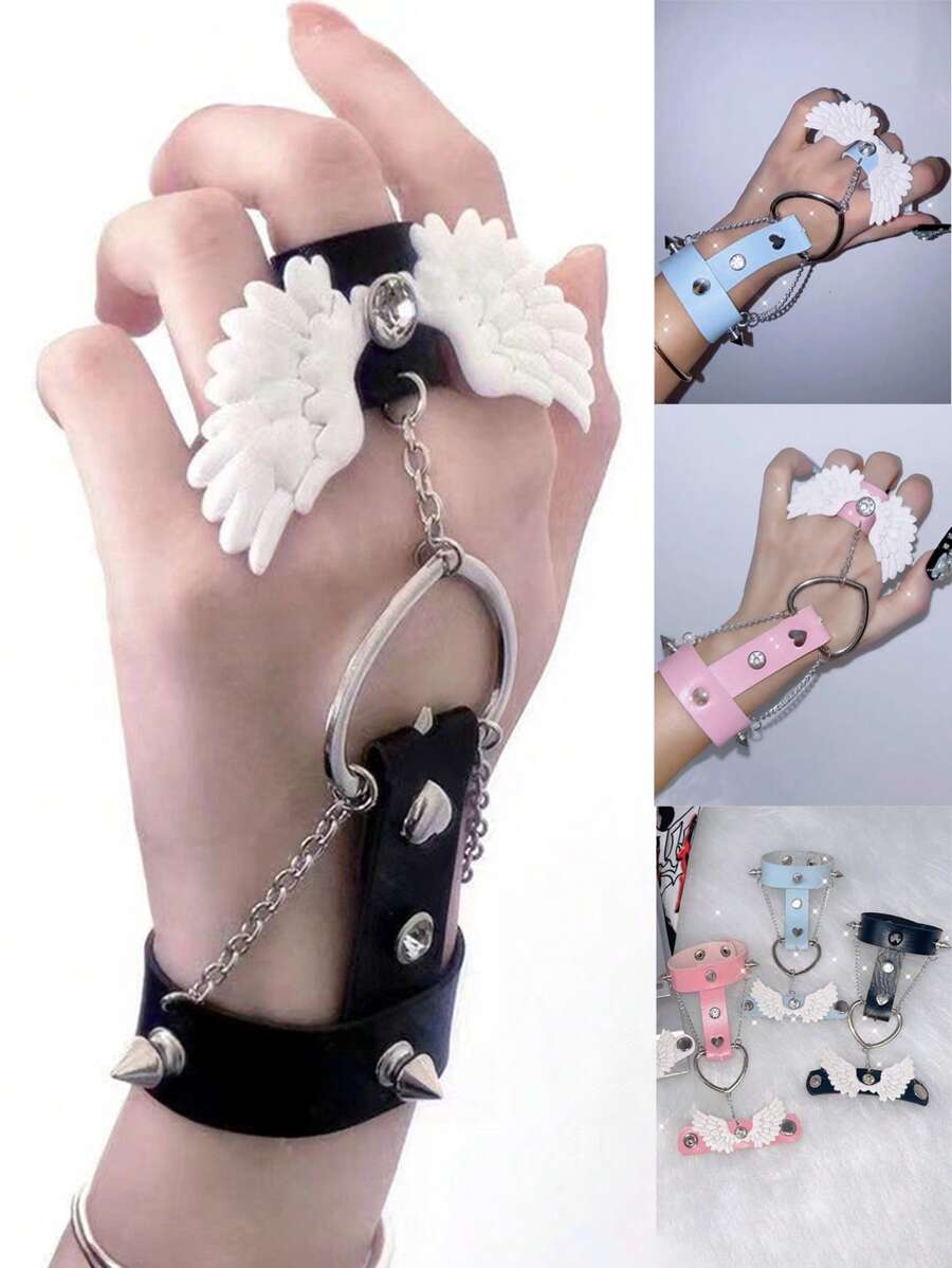 3D Wing Punk Rivet PU Personalized Y2K Party Street Style Fingerless Gloves With Round Ring Heart-Shaped Inlaid