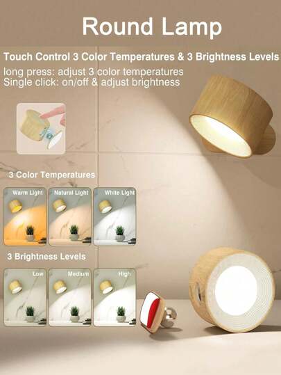 LED Sconces, Wand Mounted Lamps Rechargeable Battery Operated USB Port 3/1 Temperatures 2/3 Brightness Levels 360°Rotate Magnetic Ball, Cordless Lights Reading Bedside view 2