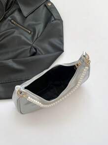 1pc Fashionable Pearl Chain Crescent Shoulder Bag, Stylish Shoulder Baguette Bag, Handheld Small Bag, Outdoor Casual Bag, Versatile Work Bag, Elegant Pearl Bag - Silver - View 9