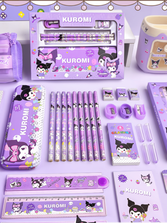  Sanrio Hello Kitty 和 Kuromi 卡通人物风格儿童文具礼盒套装，包括铅笔、笔记本、卷笔刀、铅笔盒、尺子和橡皮擦、蜡笔，返校礼物