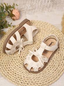 女童蝴蝶结装饰防撞 PU 软底防滑舒适钩环设计婴儿凉鞋，适合夏季、日常、派对、节日和婚礼