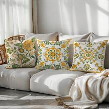 4pcs/Set Symmetric Yellow Floral Cushion Cover, Single-Sided Printed Peach Velvet Material, 45*45CM/18*18inch, Decorative Throw Pillow Case For Modern Fabric Sofa, Indoor Decor, Party Decor, Gift