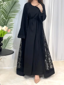 2 Peças/Conjunto Abaya Feminina Cardigan de Renda, Roupão com Cinto, Estilo Elegante Europeu e Retrô, Manga Longa, Modesto