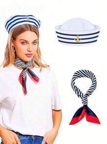 Navy Cap, White Hat, Vintage Flat-Top Military Hat, Captain Naval Sailor Cap, Blue & White Striped, Captain's Cap, Sailor Hat, Scarf, Glasses, Gloves, Set, Round Top, Yacht Costume, Party