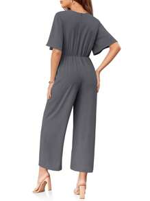 Larisa Womens Wide Leg Jumpsuit Short Sleeve Tie Knot Front Summer Long Romper Stylish Outfit - Dark Grey - View 5