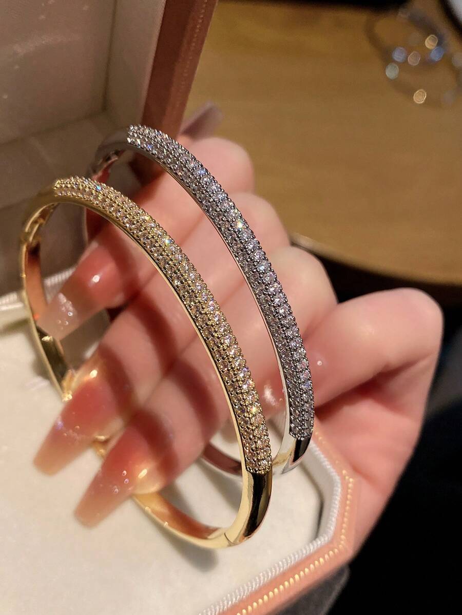 Fashionable Sparkling Cubic Zirconia Starry Sky Copper Bangle, Niche Design High-End Elegant Versatile Jewelry For Women, Suitable For Daily Wear