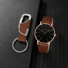 1 件经典咖啡棕色皮革男士手表和 1 件咖啡棕色高端大气钱包和 1 件时尚钥匙扣父亲节礼物 - 咖啡棕 - 查看 3