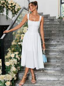 Vestido camisero ajustado con encaje y fruncido, escote trasero cruzado con lazo (con bolsillos)