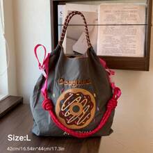 Ladies' Tote Bag Fashion Shoulder Bag Nylon Fabric Embroidered Doughnut Lightweight Foldable Handbag, Large Capacity Crossbody Bag Suitable For Commuting, Travel, Leisure, Gym, Holiday Gift