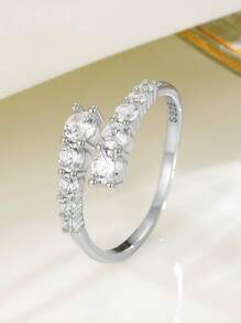 1pc S925 Sterling Silver Zirconia Sparkle Double Row Adjustable Open Ring For Women, Everyday Wear Unique Quality Personalized Gift