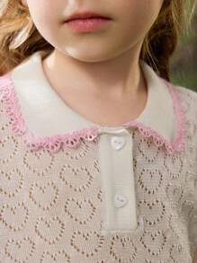 Girl's Polo Collar Short Sleeve Hollow Heart Knitted T-Shirt - Beige - View 10