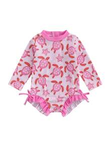 Toddler Girls Turtle Print Rash Guard Swimsuit - Long Sleeve Ruffled Romper Ideal Swimwear For Little Ones - Pink - View 1