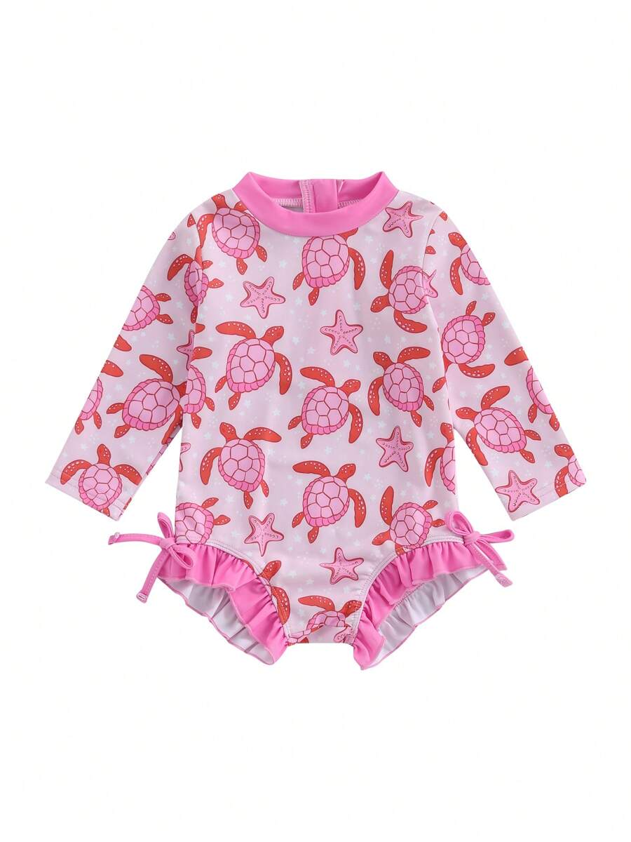 Toddler Girls Turtle Print Rash Guard Swimsuit - Long Sleeve Ruffled Romper Ideal Swimwear For Little Ones - Pink - View 1