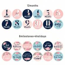 婴儿每月贴纸 - 24 件套 - 花卉女婴里程碑贴纸 - 非常适合新生女孩 - 每月里程碑 - 粉色海军蓝和青色花卉设计（24 件套）婴儿洗礼复活节礼物，适合女孩/男孩 - 彩色 - 查看 2