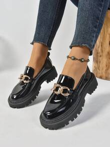 Black Chain Decor Slip-On Platform Loafers For Women, Preppy British Style, Suitable For Spring/Autumn