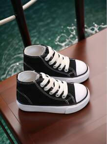 儿童休闲帆布鞋，舒适平底防滑男女童运动鞋，透气系带纯色女童帆布鞋 - 黑色 - 查看 2