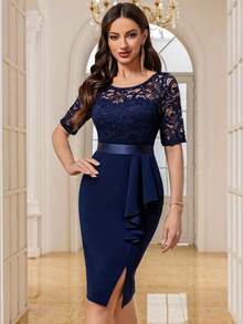 MIUSOL 复古花卉蕾丝半袖后背圆领垂坠侧边商务修身连衣裙、派对礼服、婚礼宾客鸡尾酒会礼服