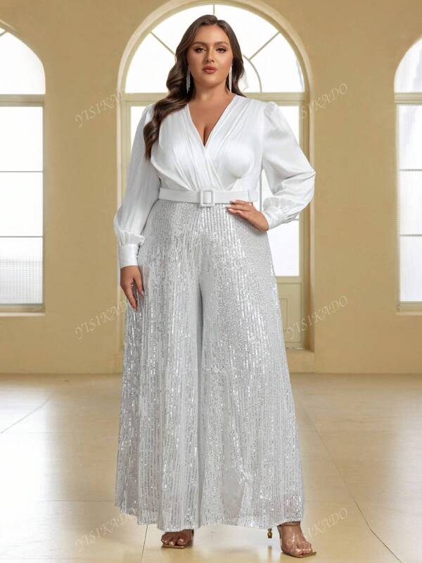 YISIKADO Women Elegant V Neck Satin Contrast Sequin Glitter Jumpsuit Long Sleeve Flared Leg Curve Bodysuit Women Rompers For Club, Cocktail Party,Wedding Guest